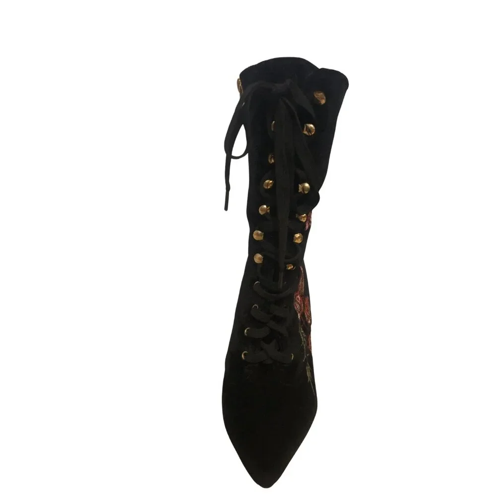 SOLD Velvet Stiletto Victorian Lace up Whimsigoth Witchy Boho Boots Pink Flower - Picture 8 of 13